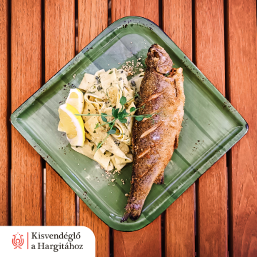 Diós morzsában sült pisztráng tejszínes-medvehagymás tésztával